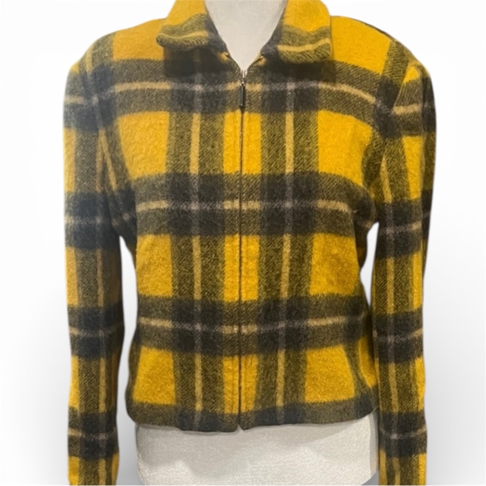 Vintage Plaid Wool Mohair Zip Jacket Women Sz 14 Yellow Black Cropped